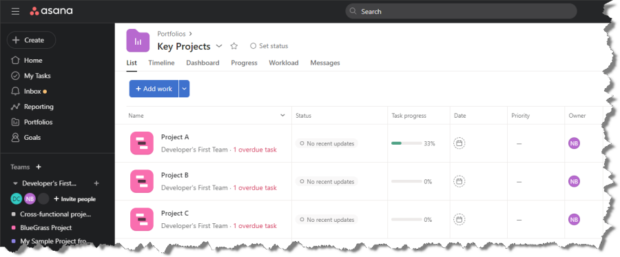 Portfolio of projects in Asana