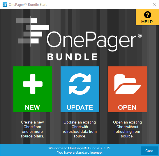 OnePager Bundle Start screen.