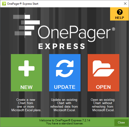 The OnePager Express start screen is the first step to creating an Excel Gantt chart.
