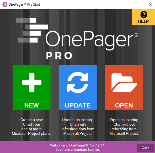 OnePager Pro start screen.