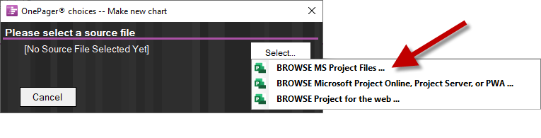 Import from Microsoft Project MPP file format into OnePager Pro.