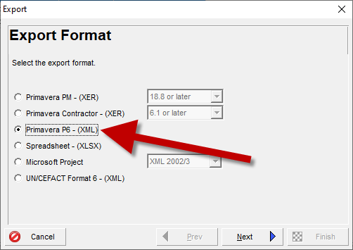 Export from Primavera P6 into an XML or XER format.