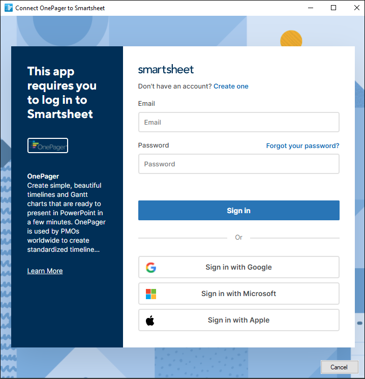 Log into Smartsheet from OnePager.