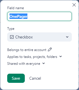 Create a custom checkbox field for OnePager in Wrike