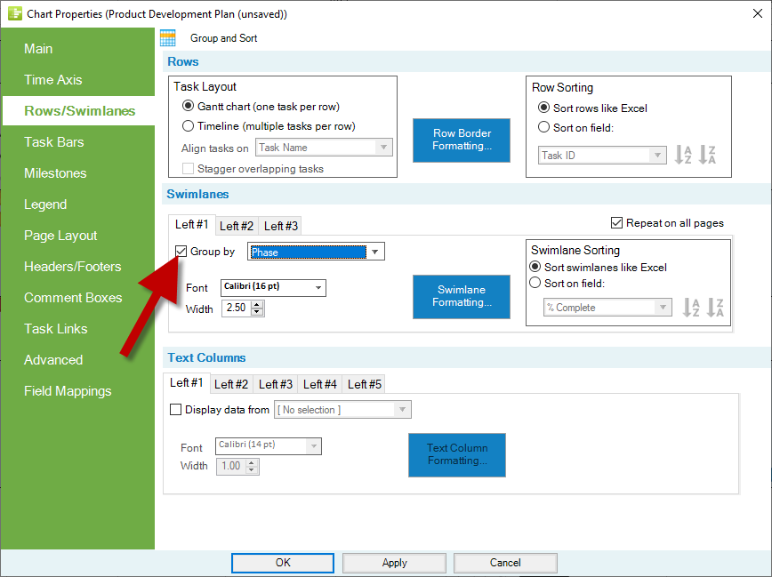 Add swimlanes to your product development plan that are grouped by phase.
