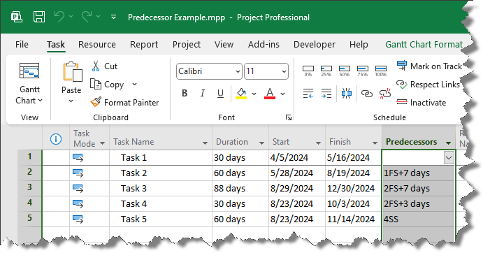 Predecessors column in Microsoft Project shows how tasks are linked together.