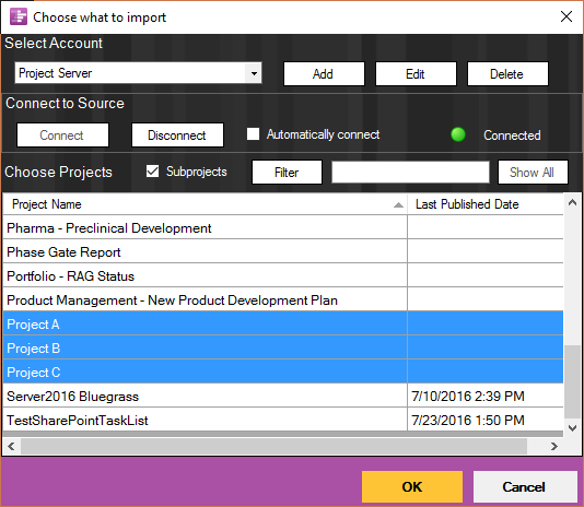 Log into Project Server 2016 from OnePager Pro.