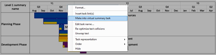 Select several tasks and collapse them into a virtual summary task.