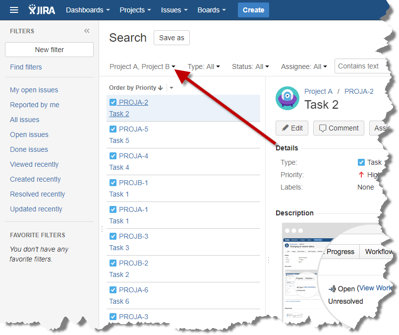 Select projects and tasks from JIRA.
