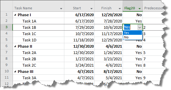 Microsoft Project file with a Flag field displaying.