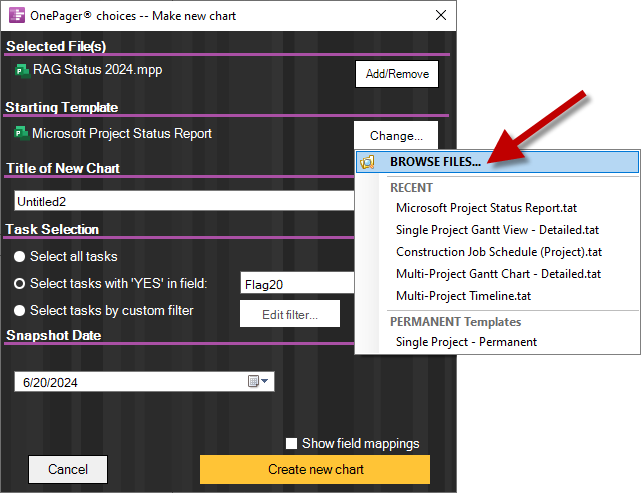 OnePager Pro Choices Form, showing how to change the starting template