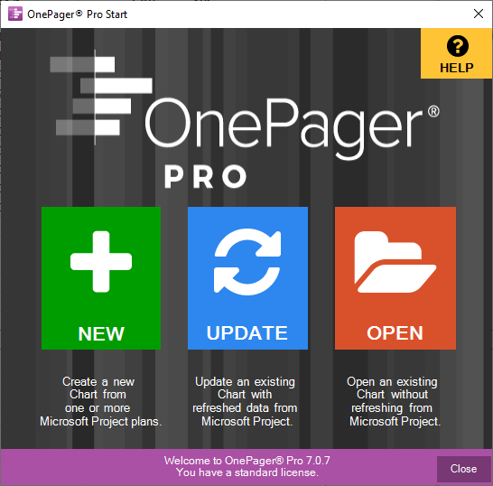OnePager Pro Start screen.
