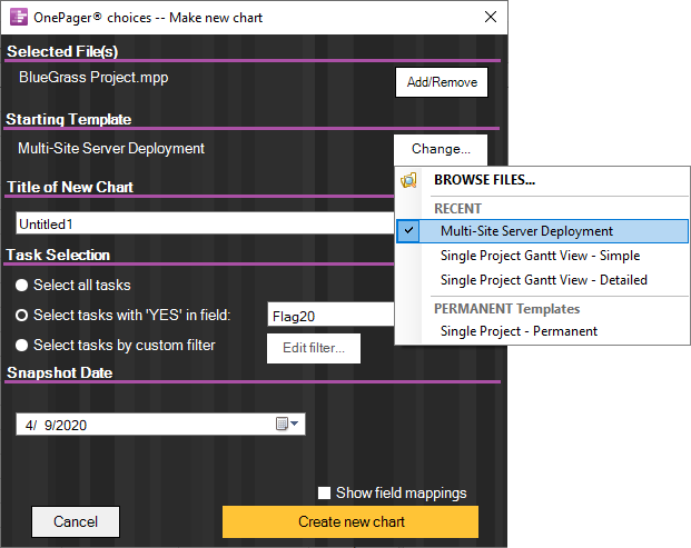 OnePager Pro template choice dropdown menu
