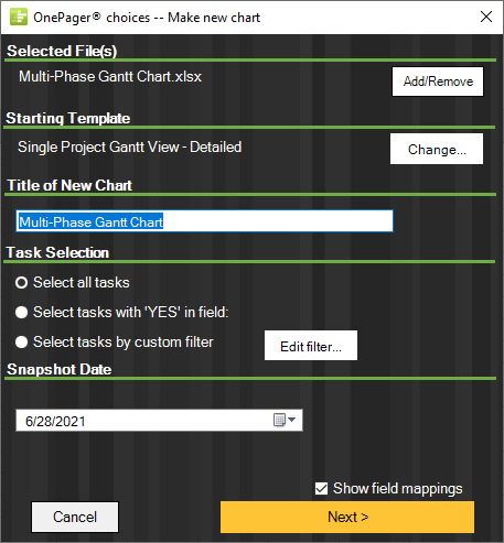 Gantt chart setup wizard.