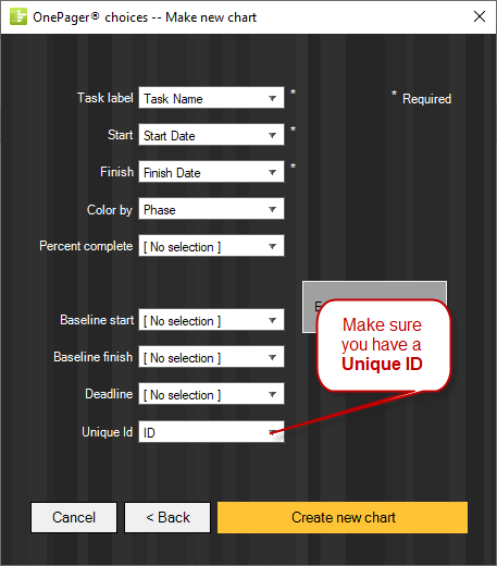 Pick the fields from Excel to be used in your Gantt chart