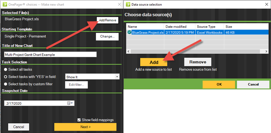 Import multiple Microsoft Excel spreadsheets into your OnePager Gantt chart.