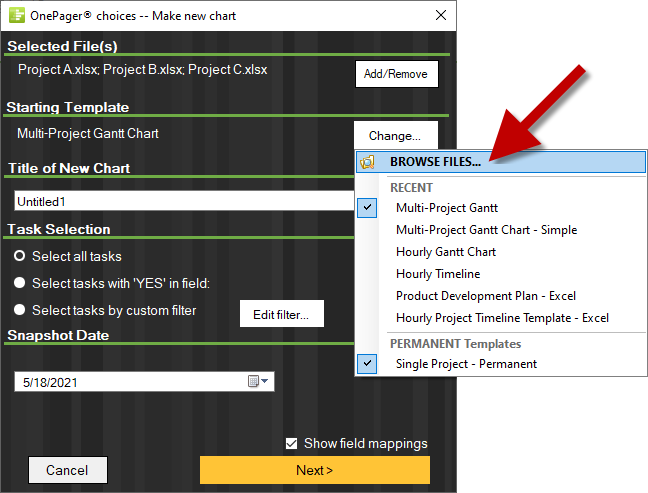The redesigned import wizard for OnePager Express, configured to import multiple project plans from Microsoft Excel and create a single-page Gantt chart.