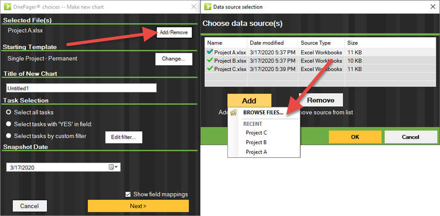 Import multiple Microsoft Excel spreadsheets into your OnePager Gantt chart.