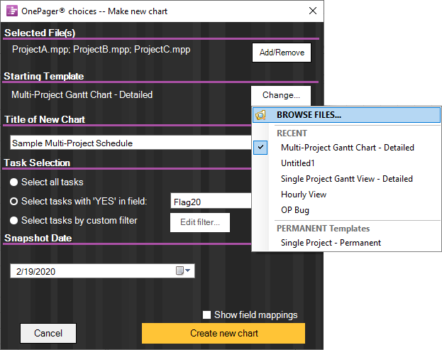 Changing the starting template in OnePager Pro.