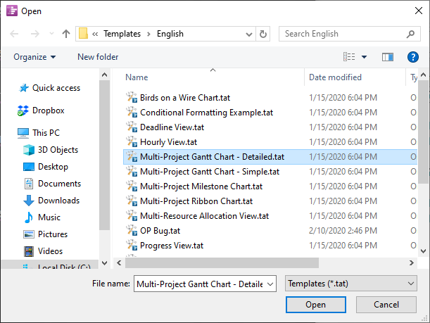 Selecting a pre-loaded multi-project template for OnePager Pro.