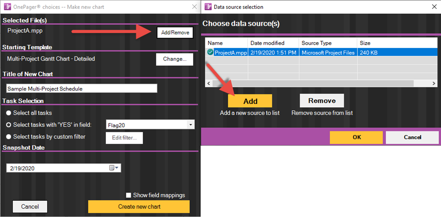 Import multiple Microsoft Project files into your OnePager Gantt chart.
