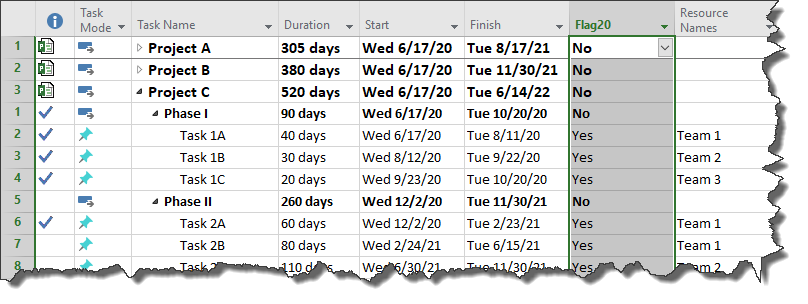 Multiple projects linked together in an MS Project integrated master schedule (IMS)
