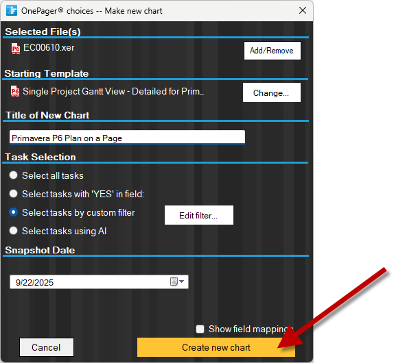 Import a Primavera P6 XML or XER file into OnePager to create a plan on a page.