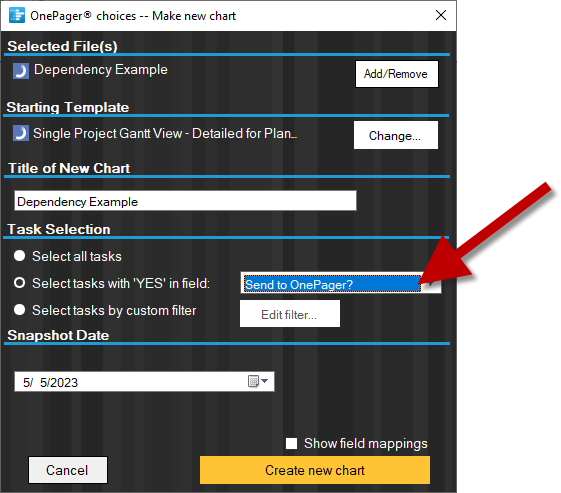 Import from Planisware into a OnePager Gantt chart so that you can display predecessors.