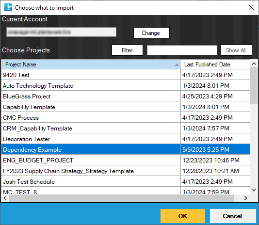 List of Planisware Enterprise projects available for import into OnePager.