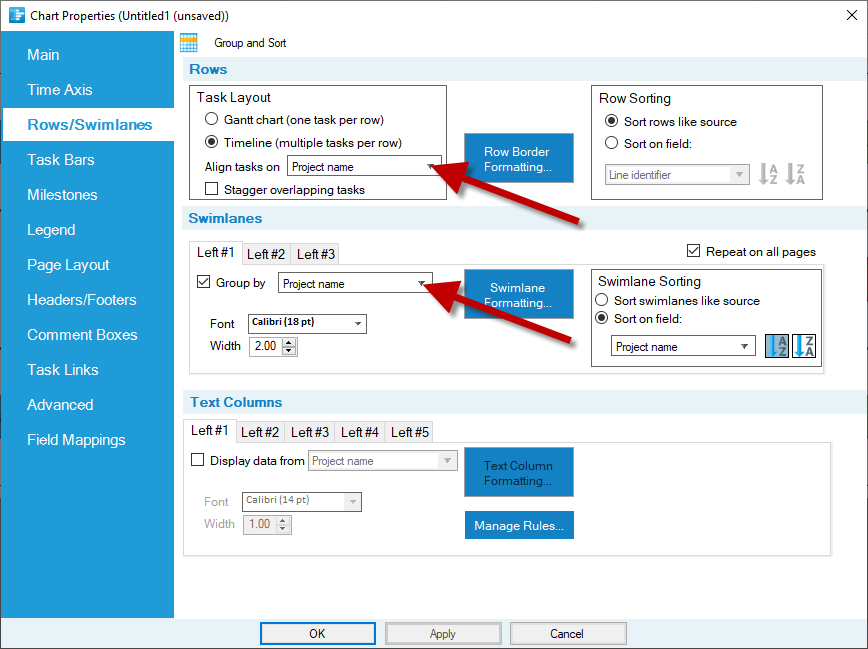 Change swimlane and timeline settings to match the WBS in Planisware.