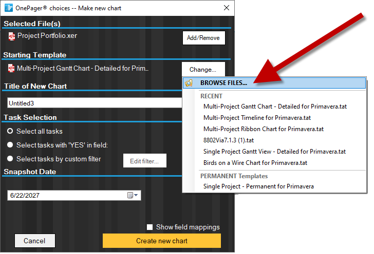 Select multi-project Gantt chart template for Primavera P6.