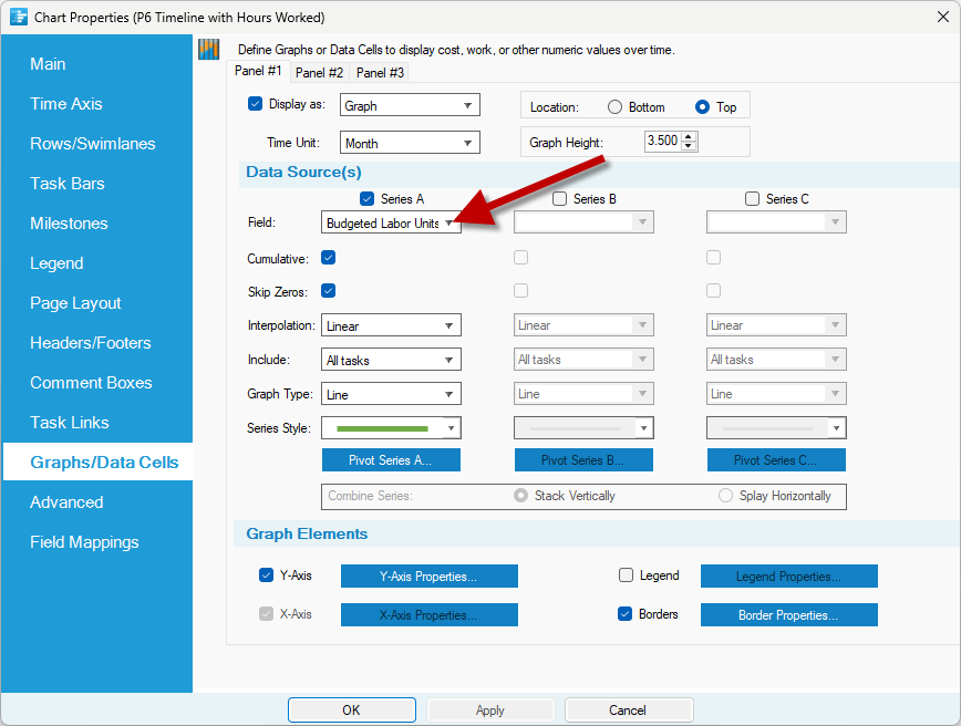 Settings to create a monthly work (hours) graph for your Primavera P6 chart in OnePager.