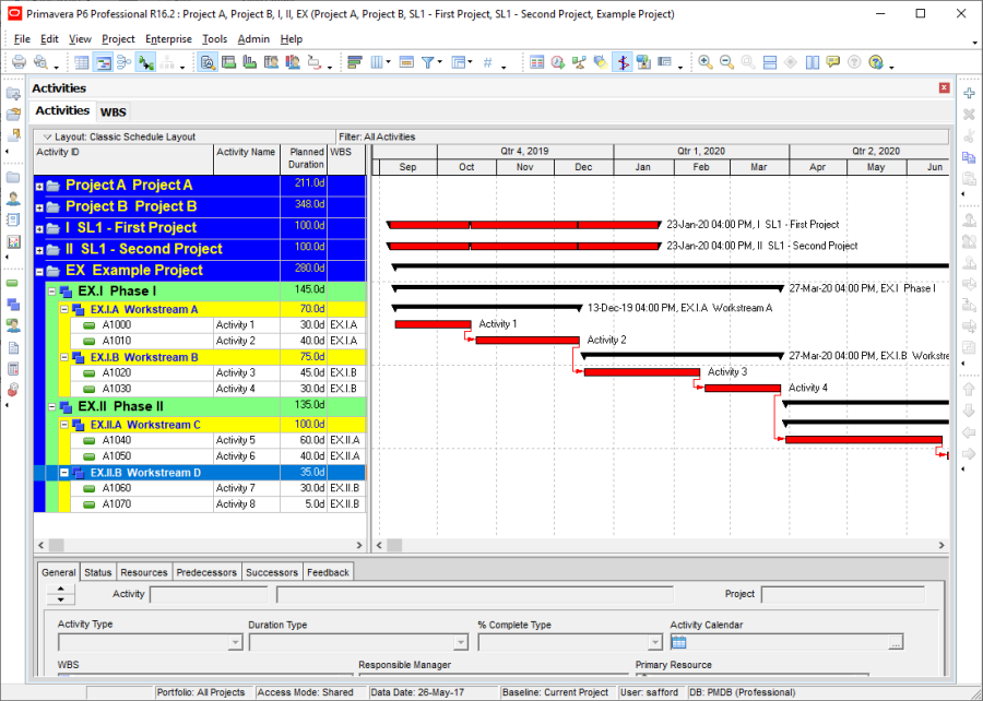 Oracle Primavera P6 project plan, complete with the standard timeline.