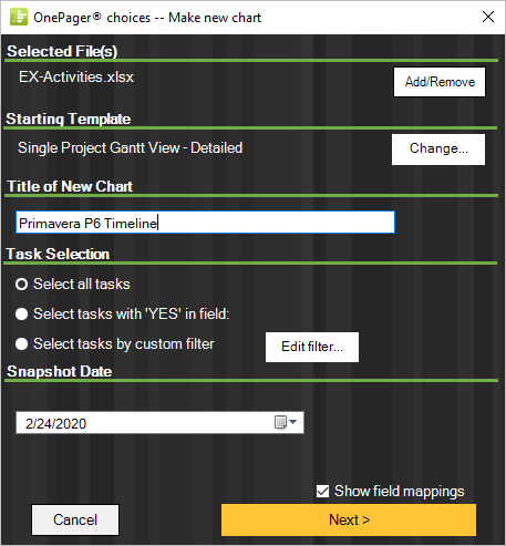 The redesigned OnePager import wizard makes it easy to take a Primavera P6 project and build a full-color project timeline.
