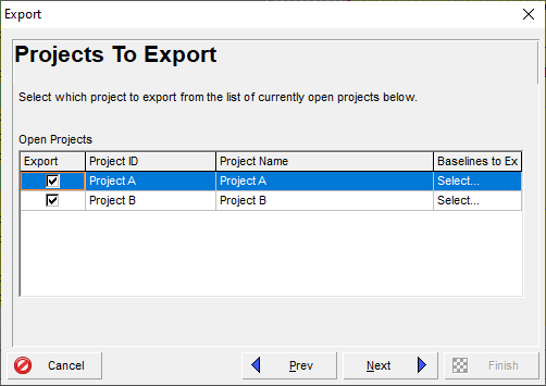 Export multiple Primavera P6 projects to XML or XER format.