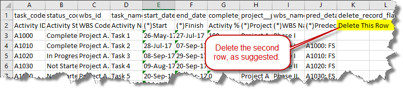 Oracle Primavera P6 plan exported to Excel.