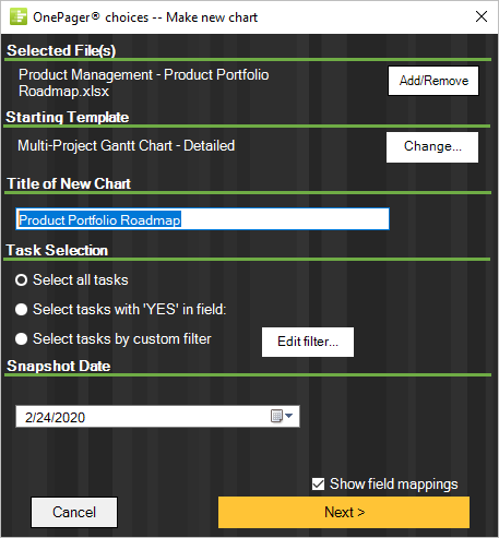 Import your product portfolio roadmap into OnePager Express.