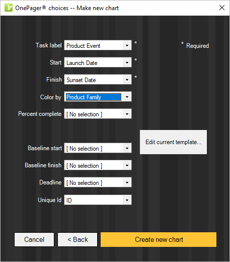 Choose which Excel columns you want to include in your roadmap.