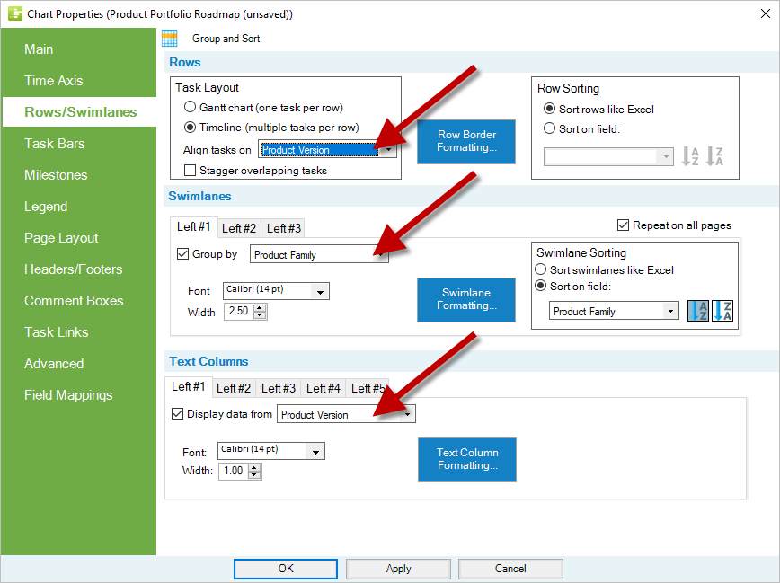 OnePager Express lets you dynamically control grouping, sorting and color-coding of your product portfolio roadmap.
