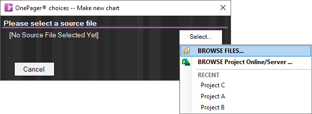 OnePager Pro source file selection.