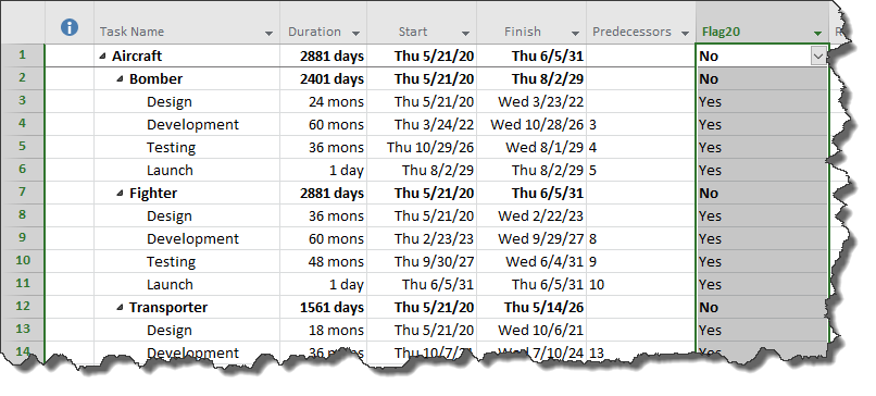 Sample product file in Microsoft Project