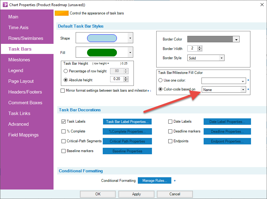 Modifying task bar colors in OnePager Pro