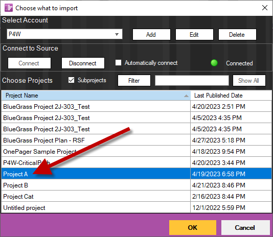List of P4W projects available for import into OnePager.
