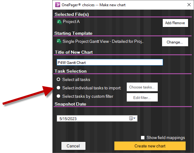 Filter your tasks from P4W before importing into OnePager