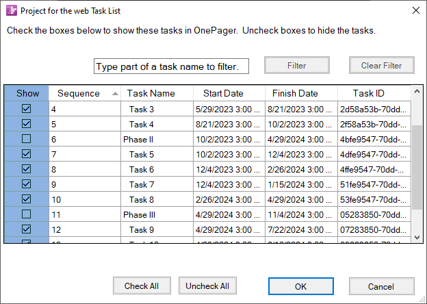 Select which Project for the web tasks you'd like to include in your OnePager Gantt chart.