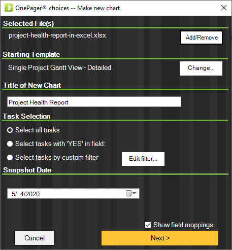 The redesigned OnePager Express import wizard makes it easy to import an Excel schedule and create a dynamic Gantt chart.