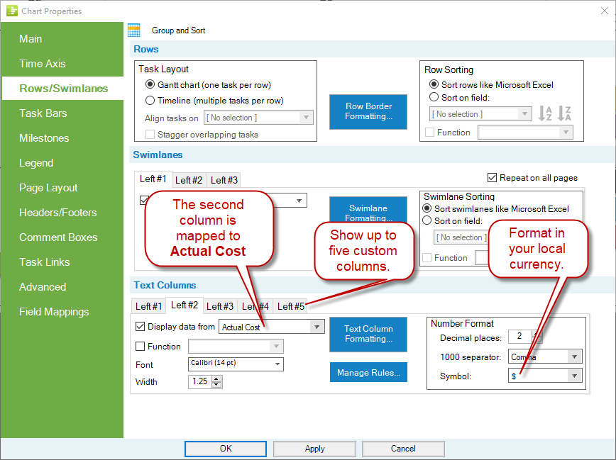 Show budget vs. actual cost information in your Gantt chart.