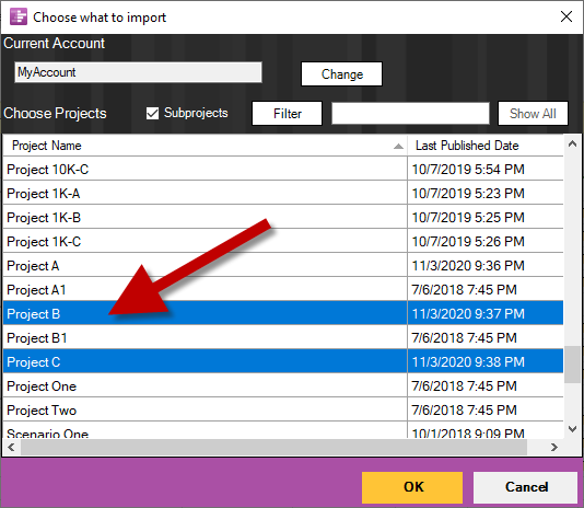 Import multiple Project Server plans into your timeline.