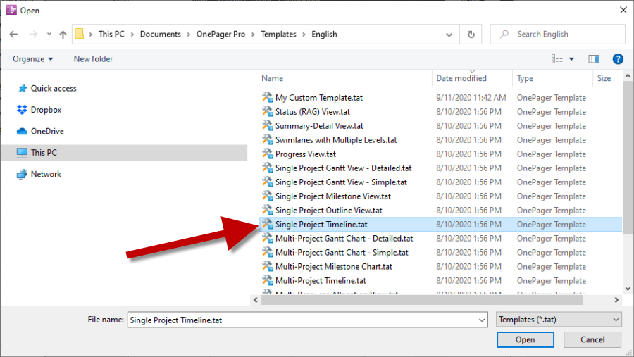 OnePager single project timeline template.