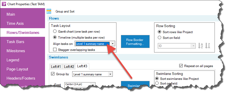 Align multiple tasks left-to-right in the same row to create a timeline for each project.